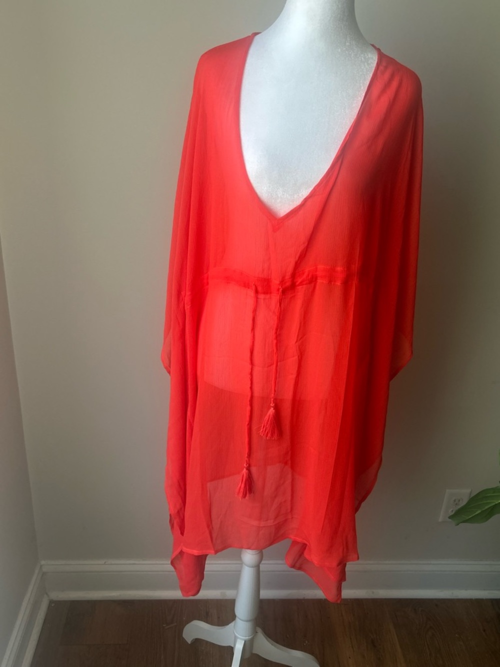 Women’s Sheer V-Neck Swim Cover-Up in Bright Coral Rebecca Virtue Size L